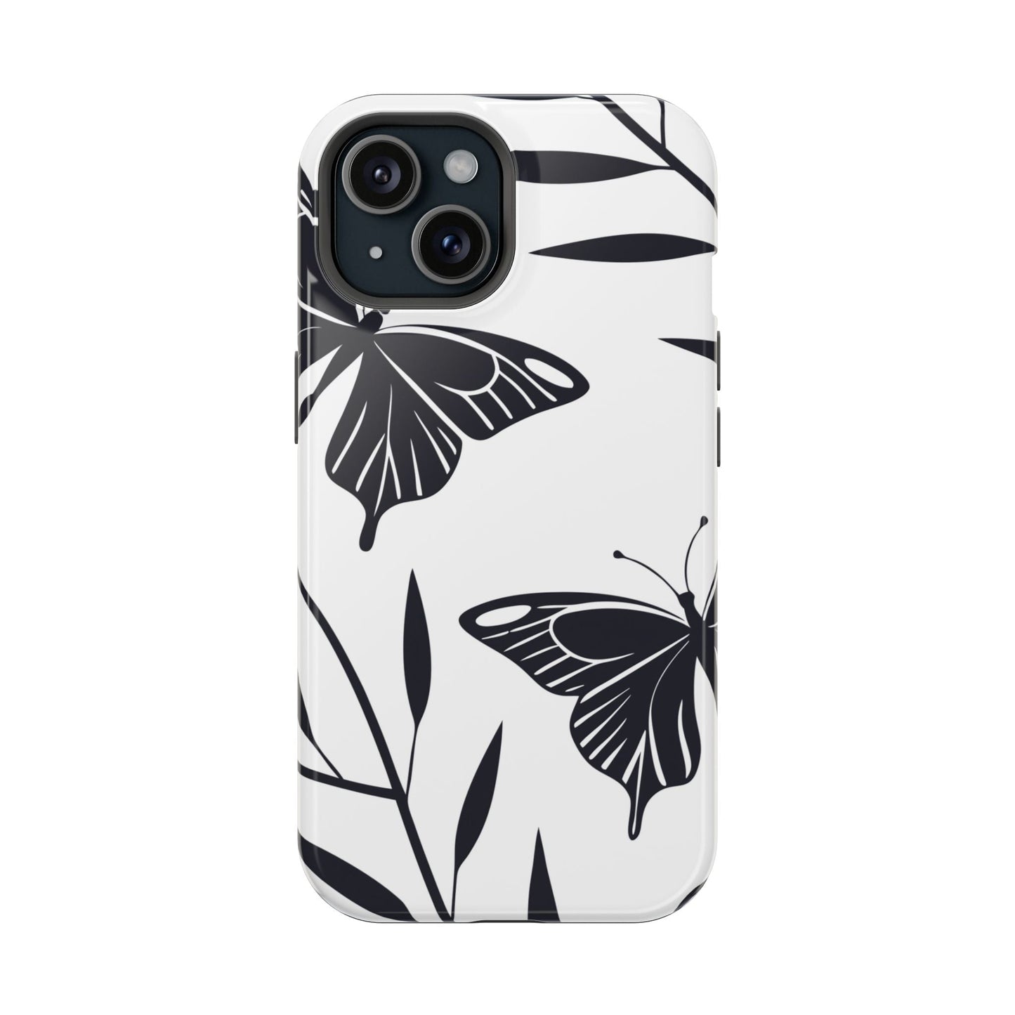 Black and white minimalist butterfly design iPhone case with durable dual-layer protection and MagSafe compatibility