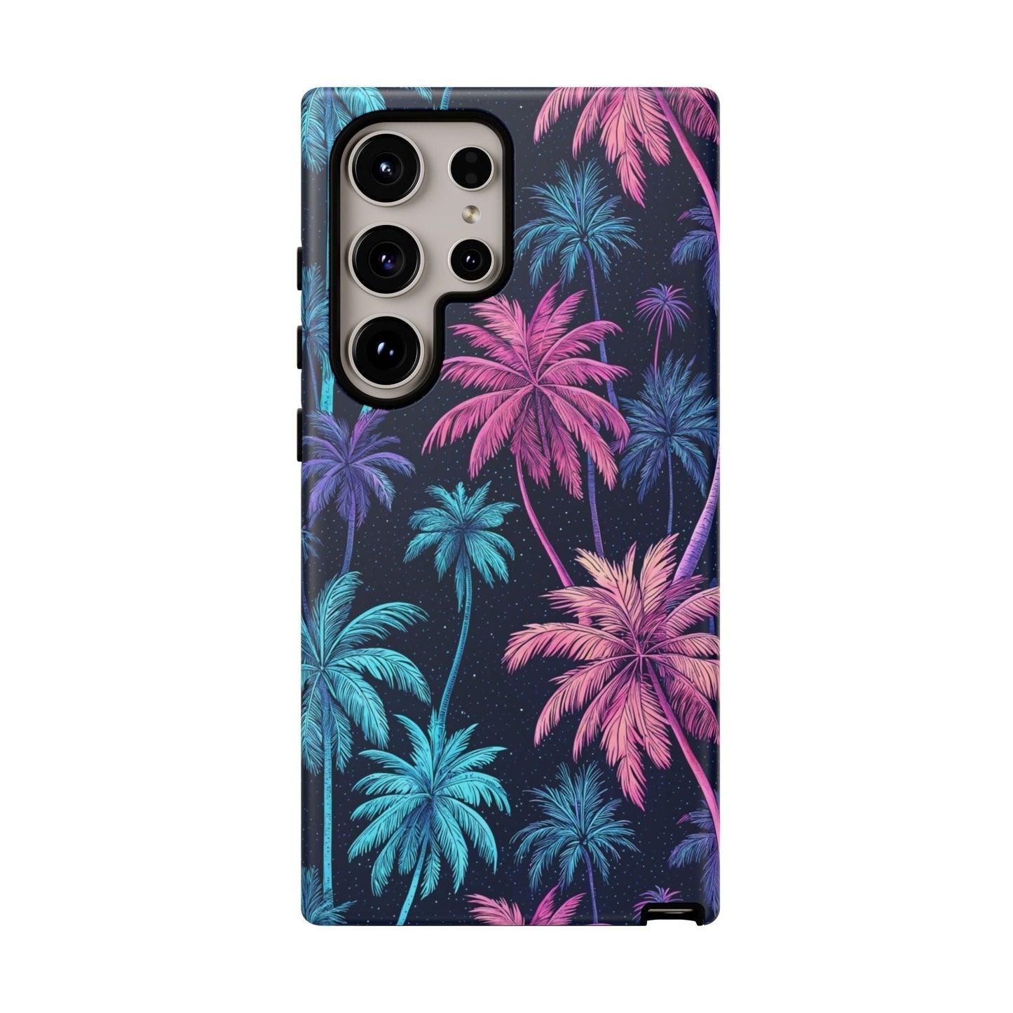 Samsung phone case with colorful neon palm tree design and durable protection