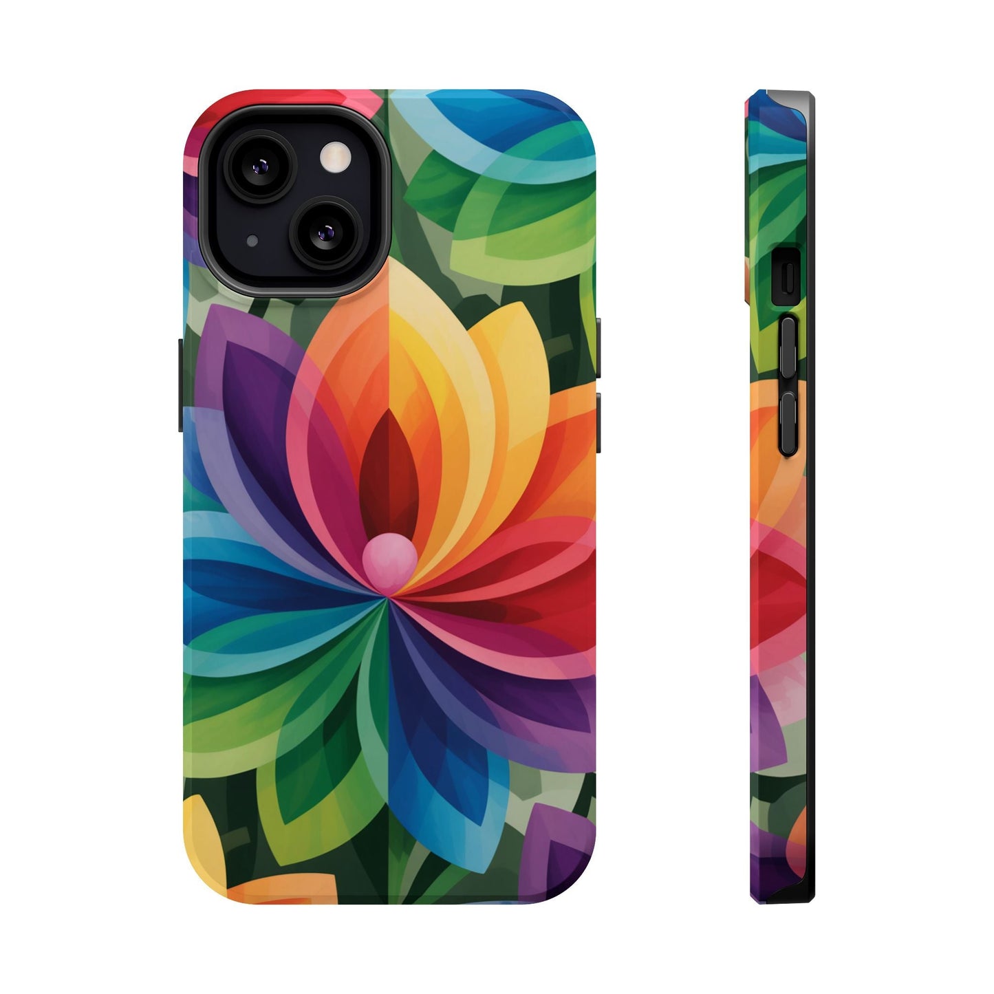 Rainbow Flower iPhone Case with vibrant multi-color floral design and magnetic tough dual-layer protection