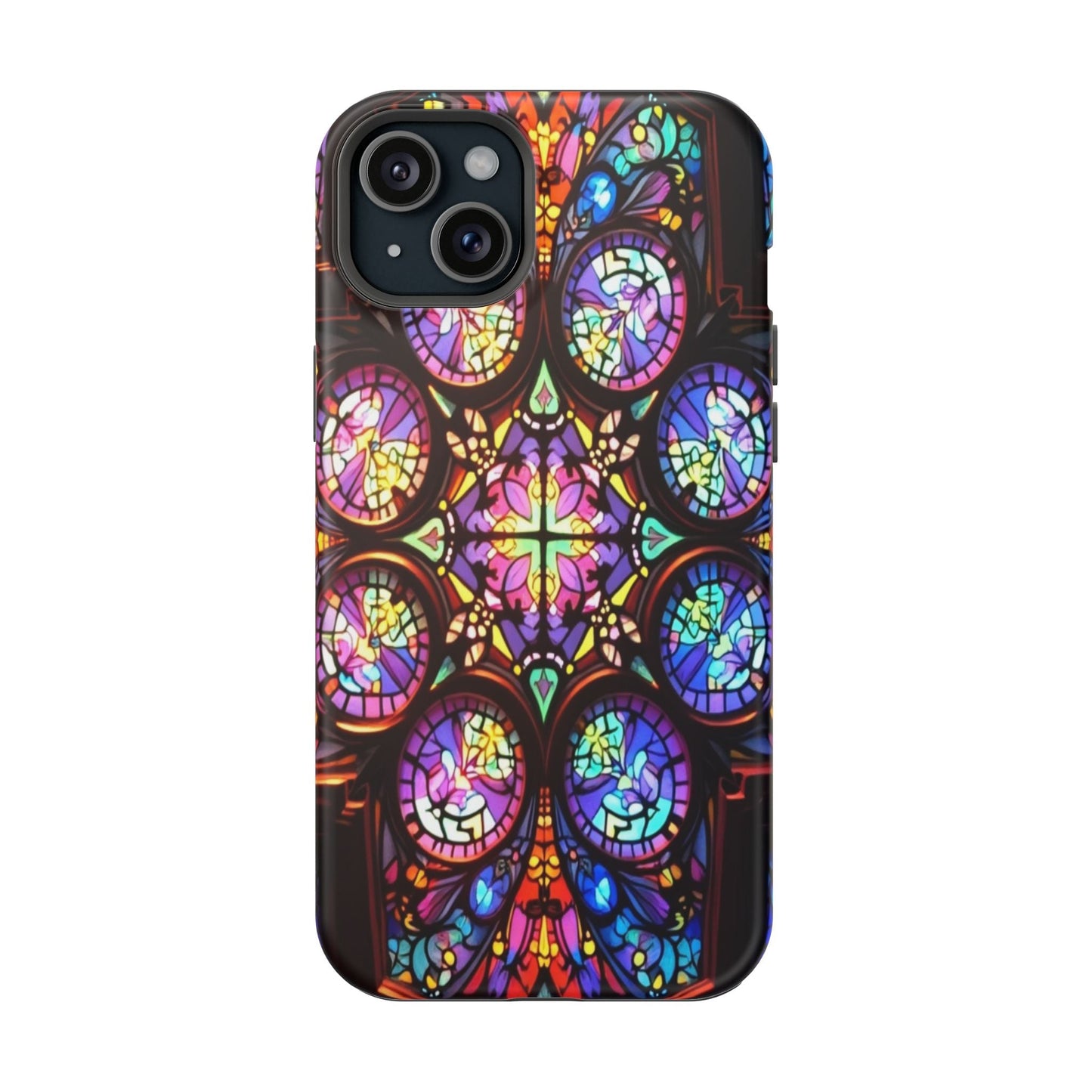 Colorful hypnotic stained glass design iPhone tough case with MagSafe compatibility and durable dual-layer protection