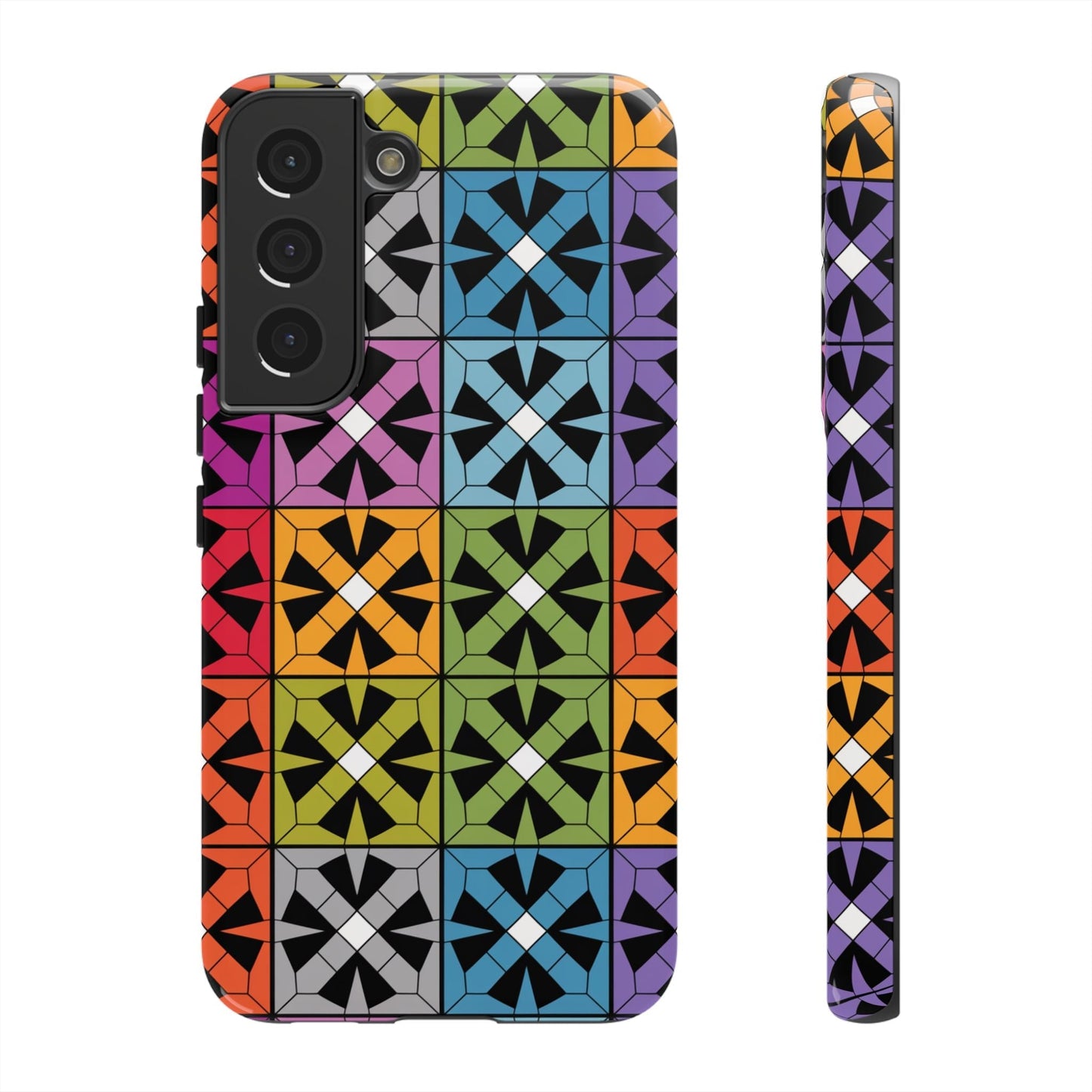 Samsung phone case with rainbow abstract square design, durable and shock-resistant protection