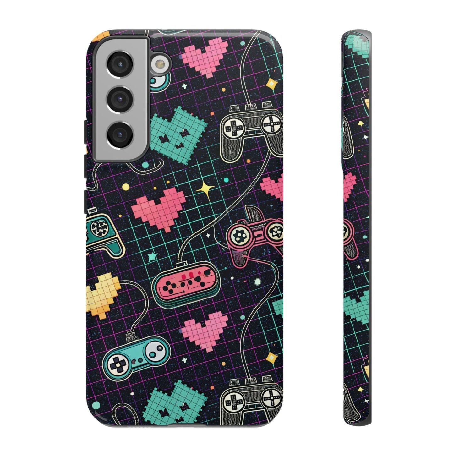 Samsung Galaxy tough phone case with retro gamer controller and pixel heart design in vibrant 3D print