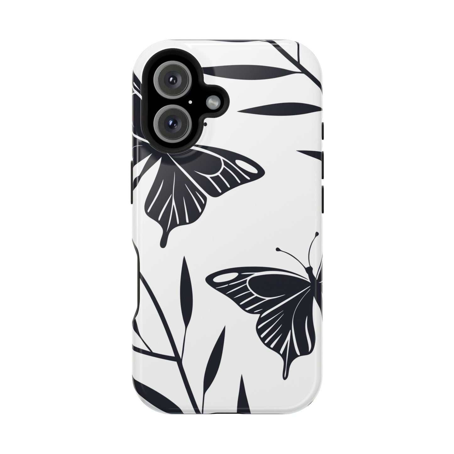 Black and white minimalist butterfly design iPhone case with durable dual-layer protection and MagSafe compatibility