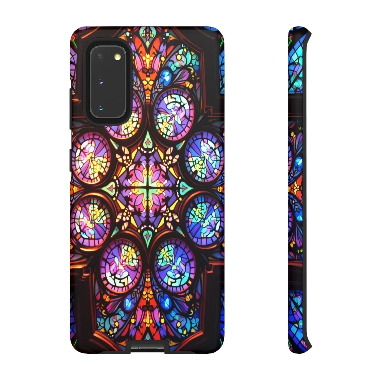 Samsung Galaxy phone case with colorful hypnotic stained glass design, durable and artistic protection
