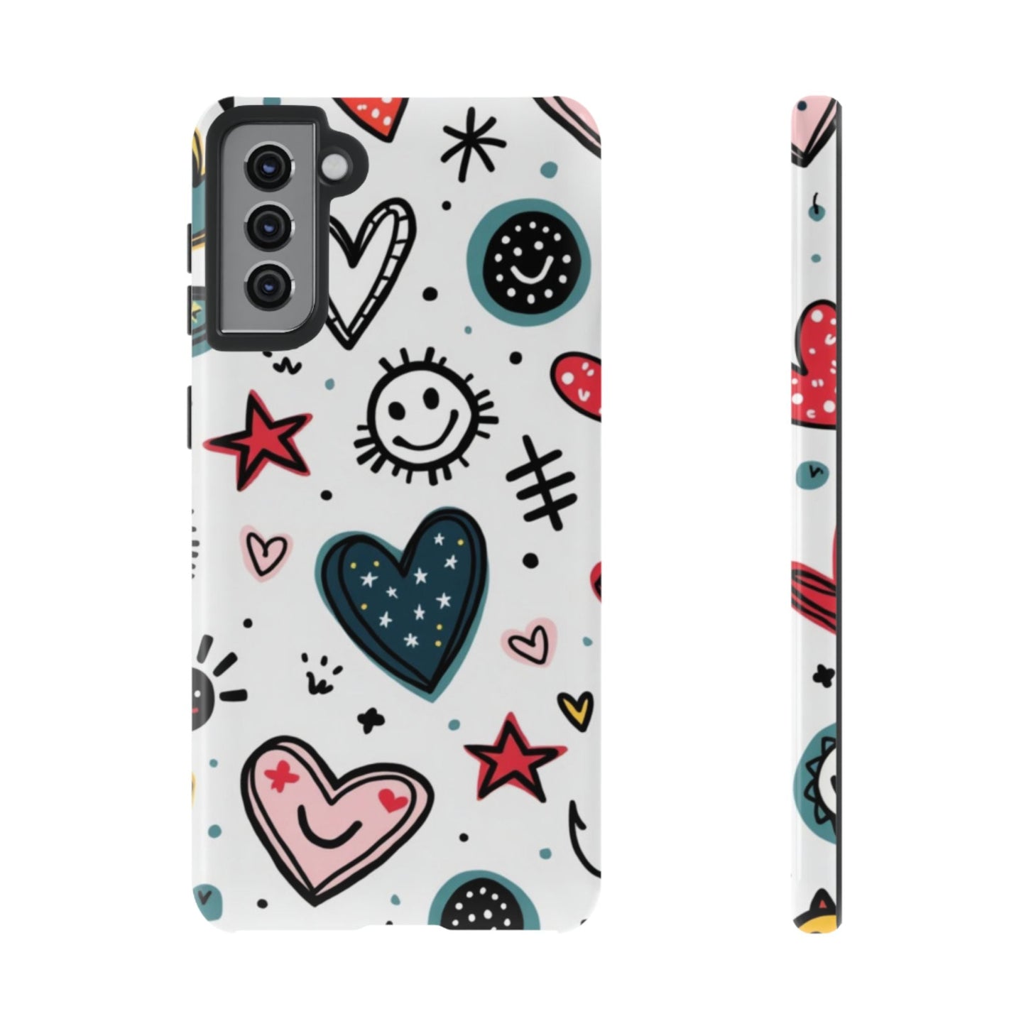 Smiles and Hearts Samsung tough phone case with colorful heart and smiley designs, shock-absorbent and durable protection for Samsung Galaxy models