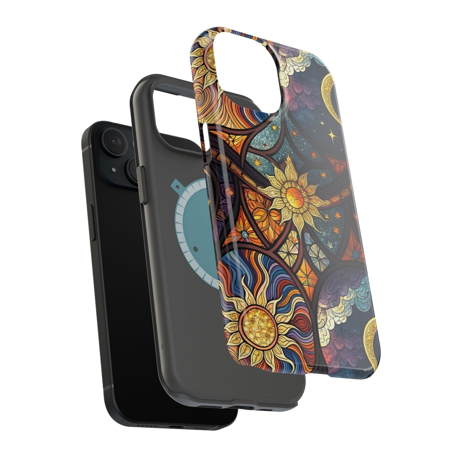 Sun and Moon iPhone case with vibrant cosmic design, dual-layer protection, and MagSafe compatibility in matte or glossy finish