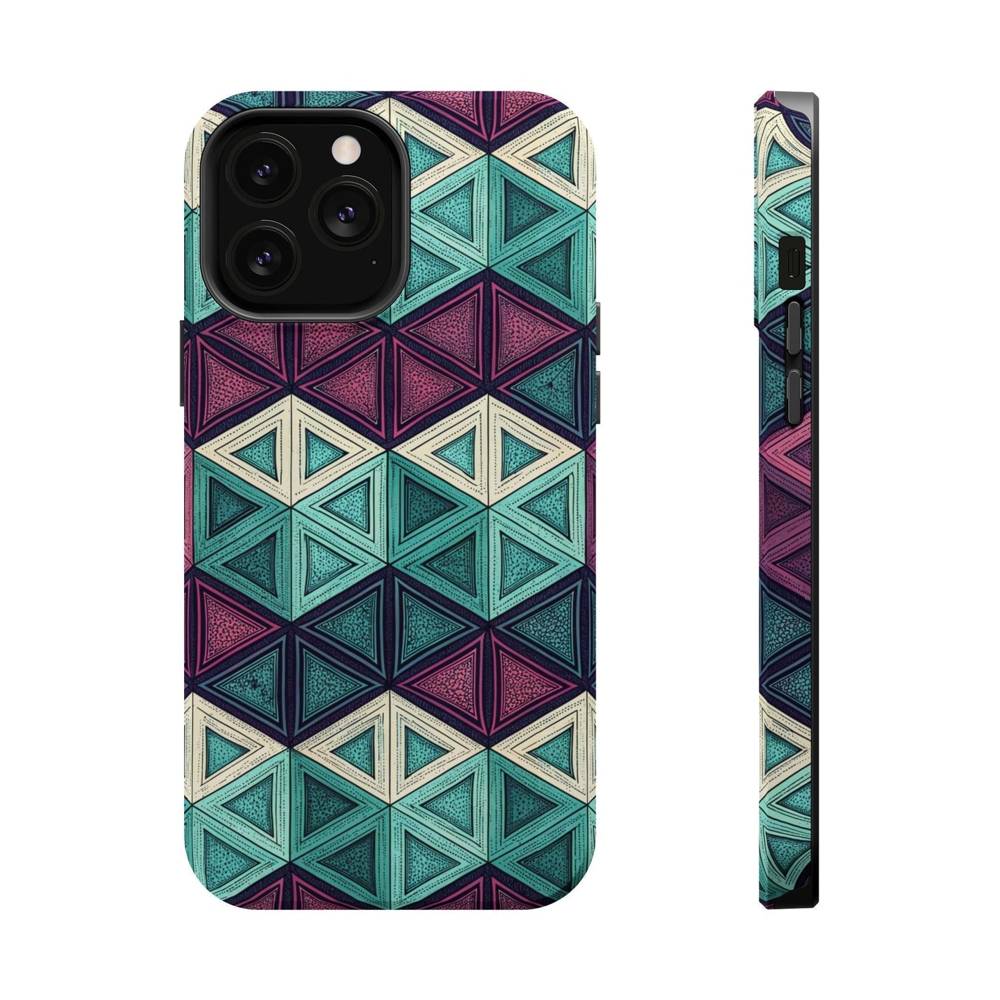 Purple and teal abstract geometric pattern magnetic iPhone tough case with MagSafe compatibility and dual-layer protection