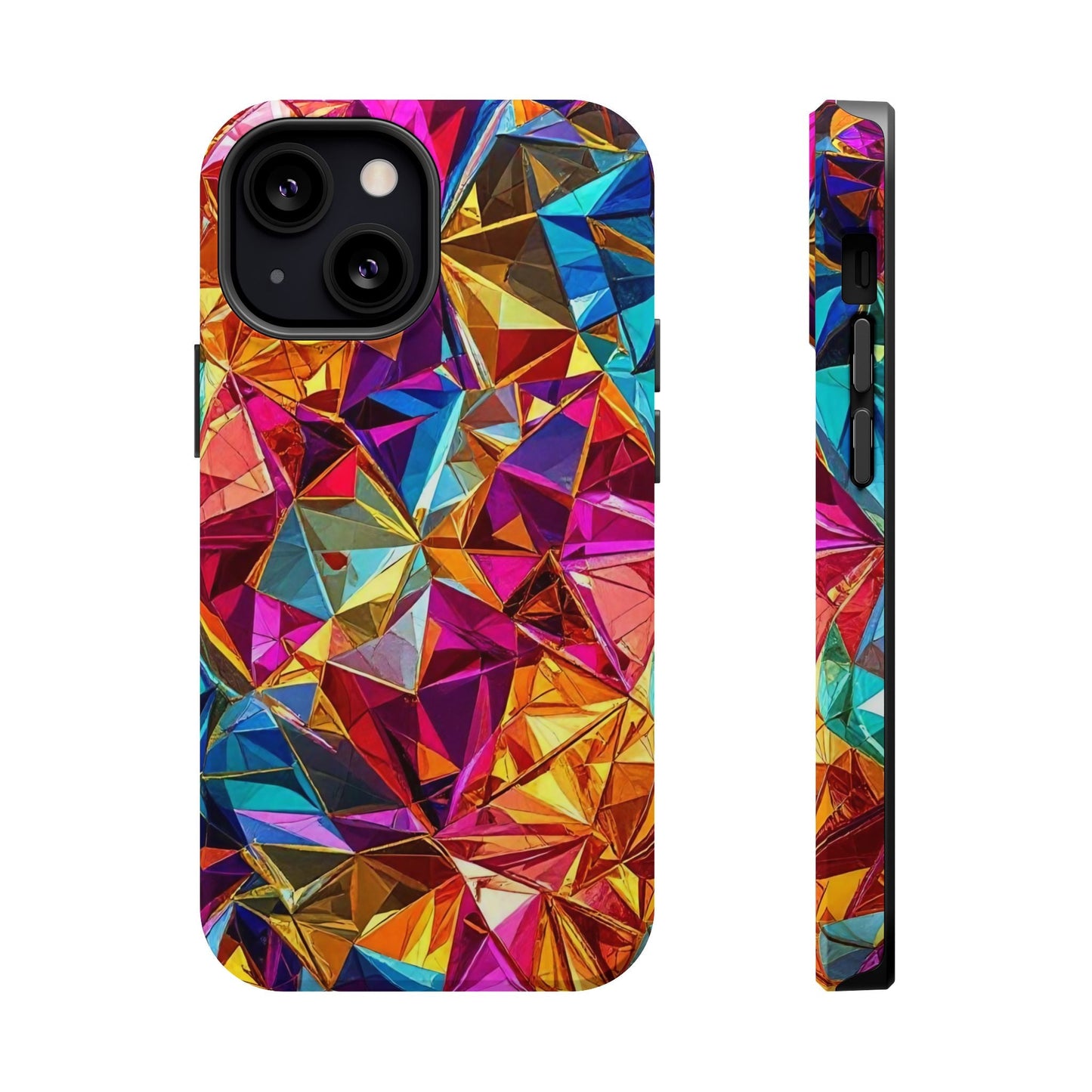 Vibrant Rainbow Foil iPhone Tough Case with glossy multicolor geometric pattern and MagSafe compatibility.