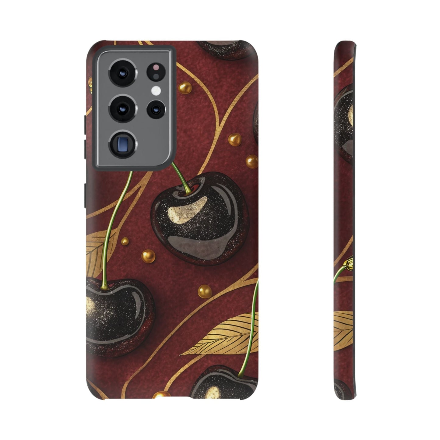 Samsung phone case with golden cherry design and durable tough protection