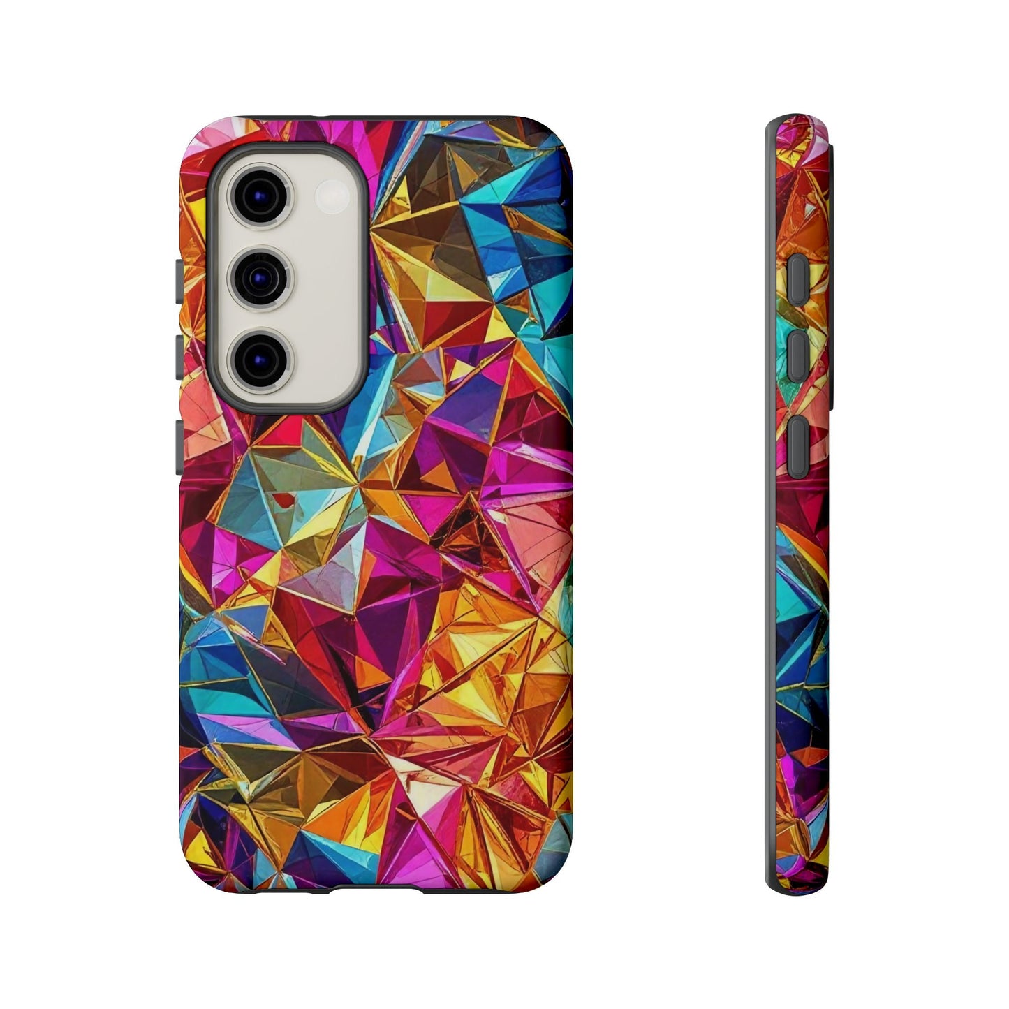 Samsung phone case with vibrant rainbow foil geometric design, tough and impact-resistant protection