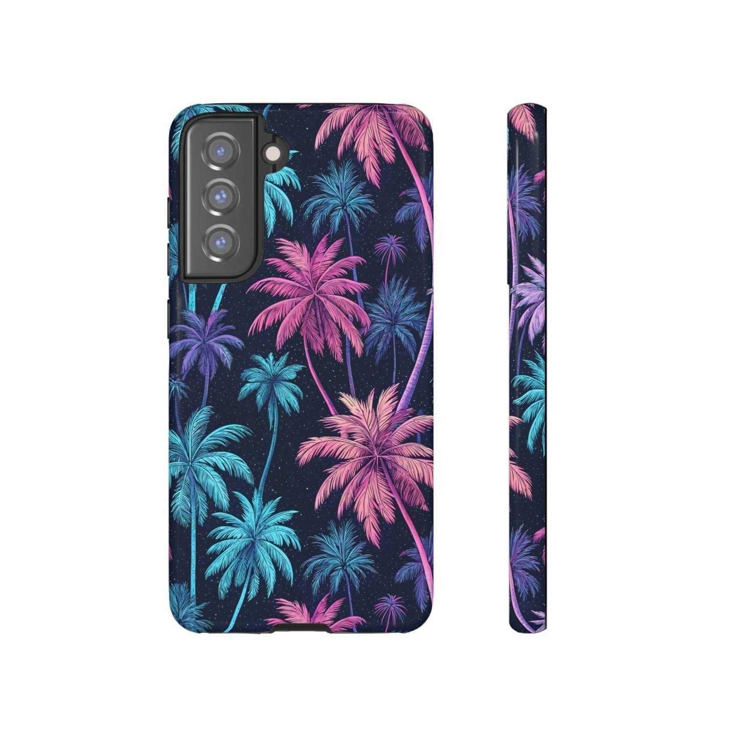 Samsung Galaxy phone case with neon pink and blue palm tree design on a dark background, slim protective cover.