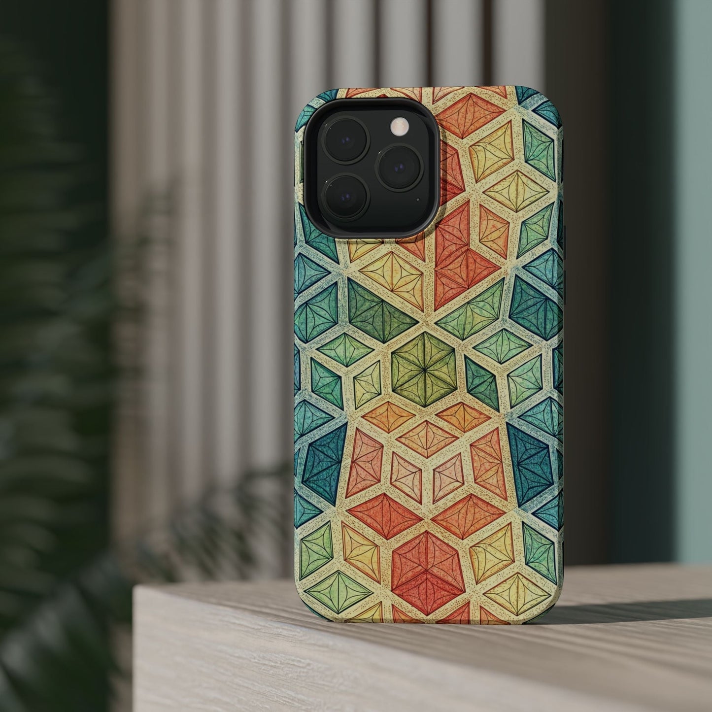 Colorful fractal iPhone case with geometric pattern, durable magnetic tough cover for iPhone 13 and newer models.