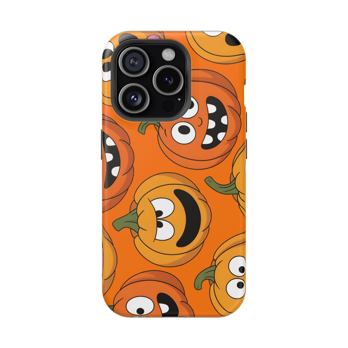 iPhone case with Moody Pumpkins Design featuring colorful, expressive pumpkin faces on an orange background, durable protective polycarbonate build.