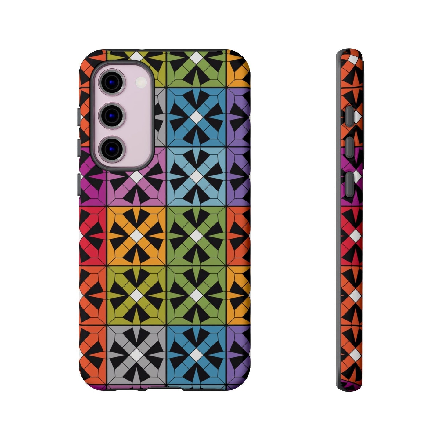 Samsung phone case with rainbow abstract square geometric design, durable shock-resistant protective cover with vibrant colors and 3D wrap