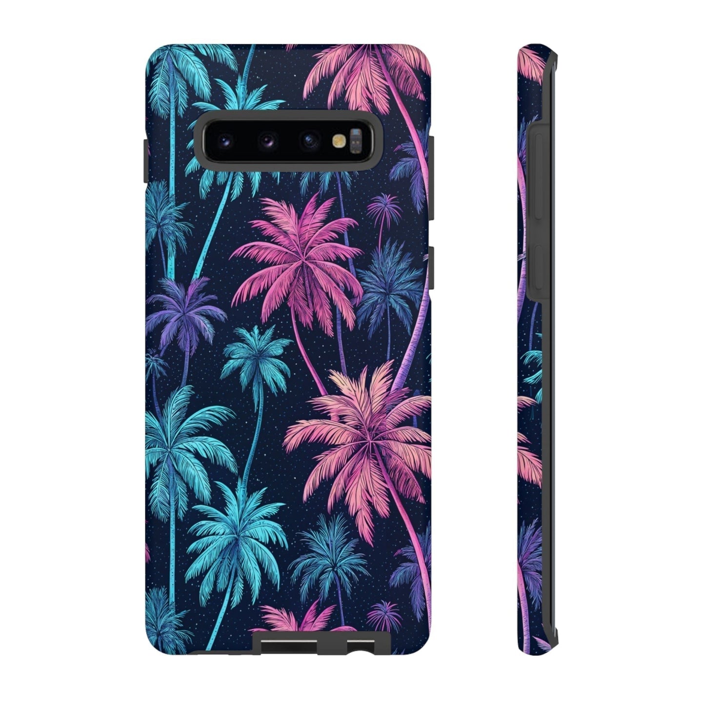 Samsung Galaxy phone case with vibrant neon palm tree design on dark background, protective and lightweight tropical cover.