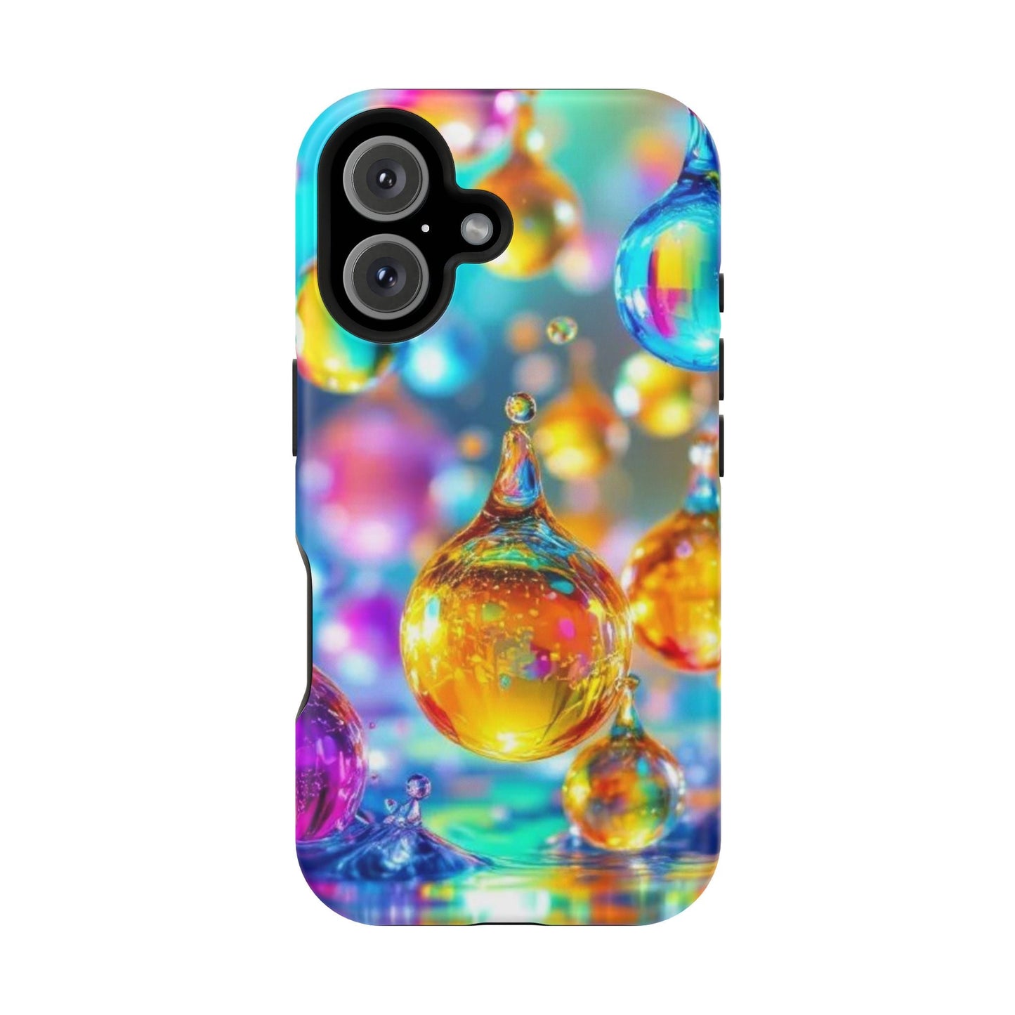 iPhone tough case with vibrant Golden Raindrop Design and built-in MagSafe magnet
