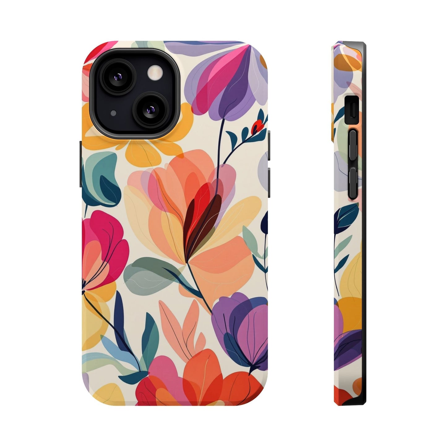 Colorful watercolor floral iPhone case with vibrant design and durable dual-layer protection, MagSafe compatible.