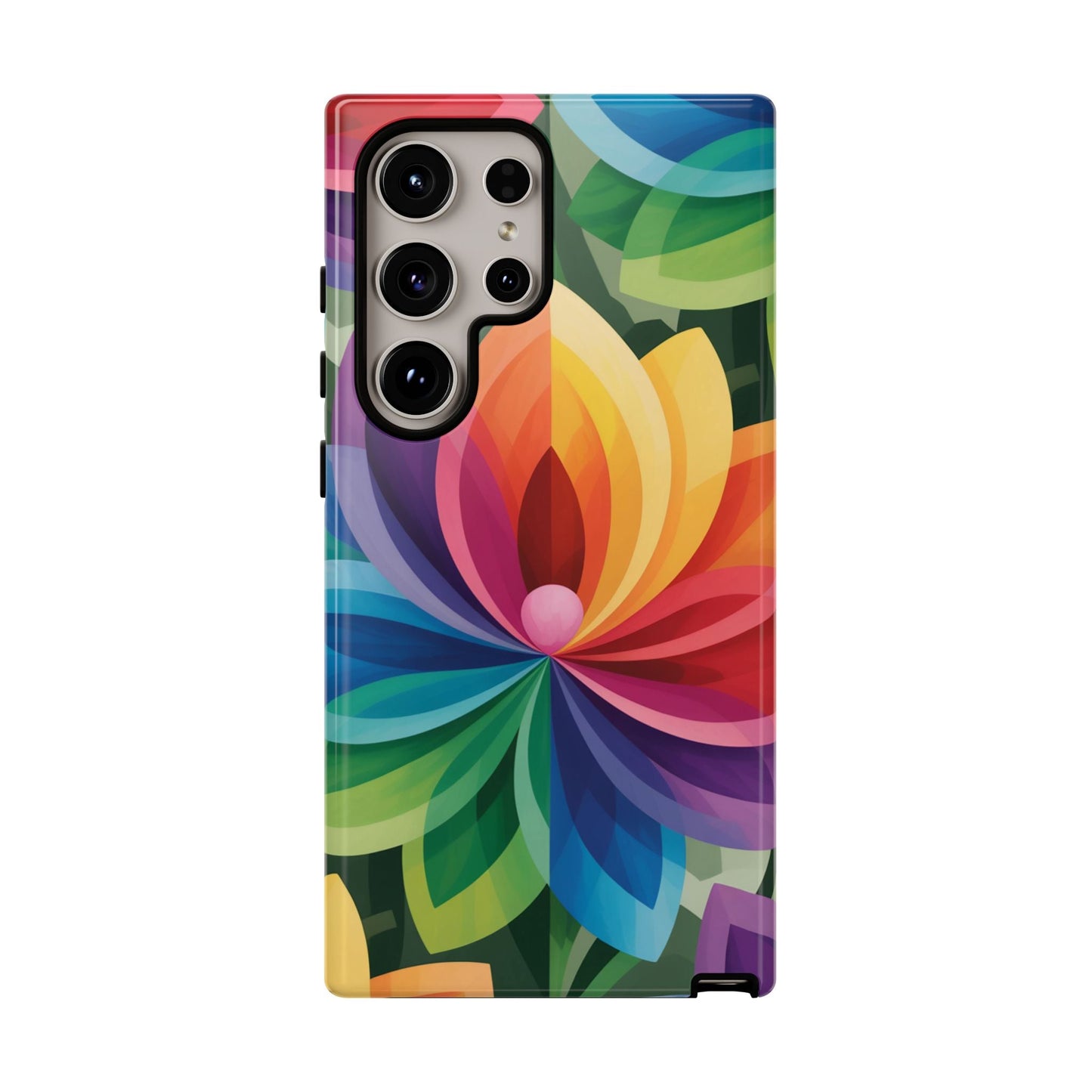 Samsung Tough Case featuring a vibrant rainbow flower design for colorful, durable phone protection