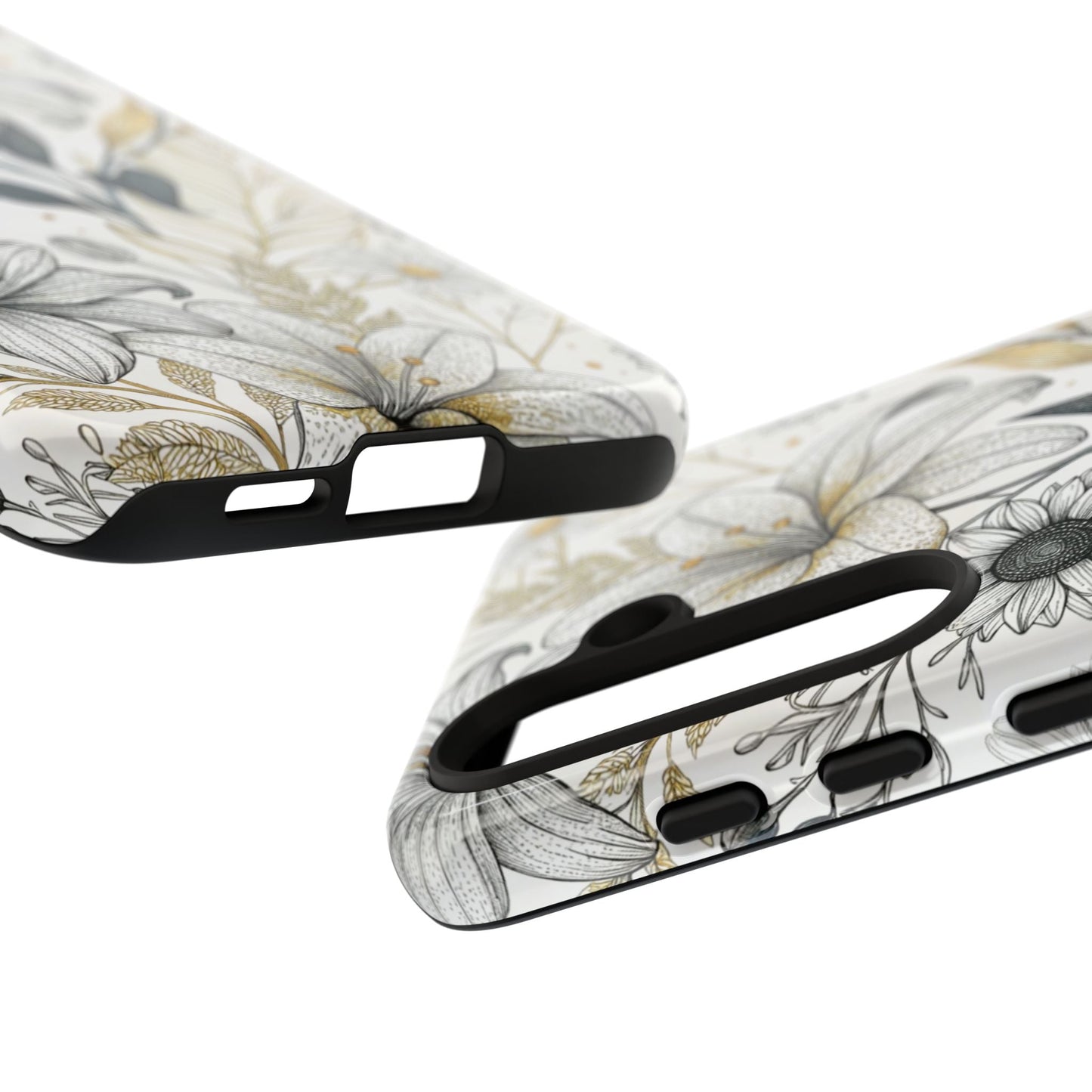 Minimalist Samsung phone case with golden leaf and floral design offering durable drop protection