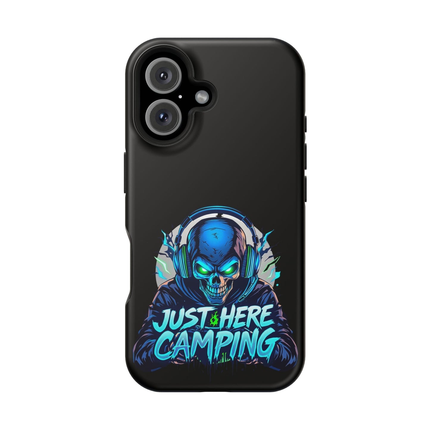 Black iPhone tough case with vibrant "Just Here Camping Gamer" skull design wearing headphones and gaming attire