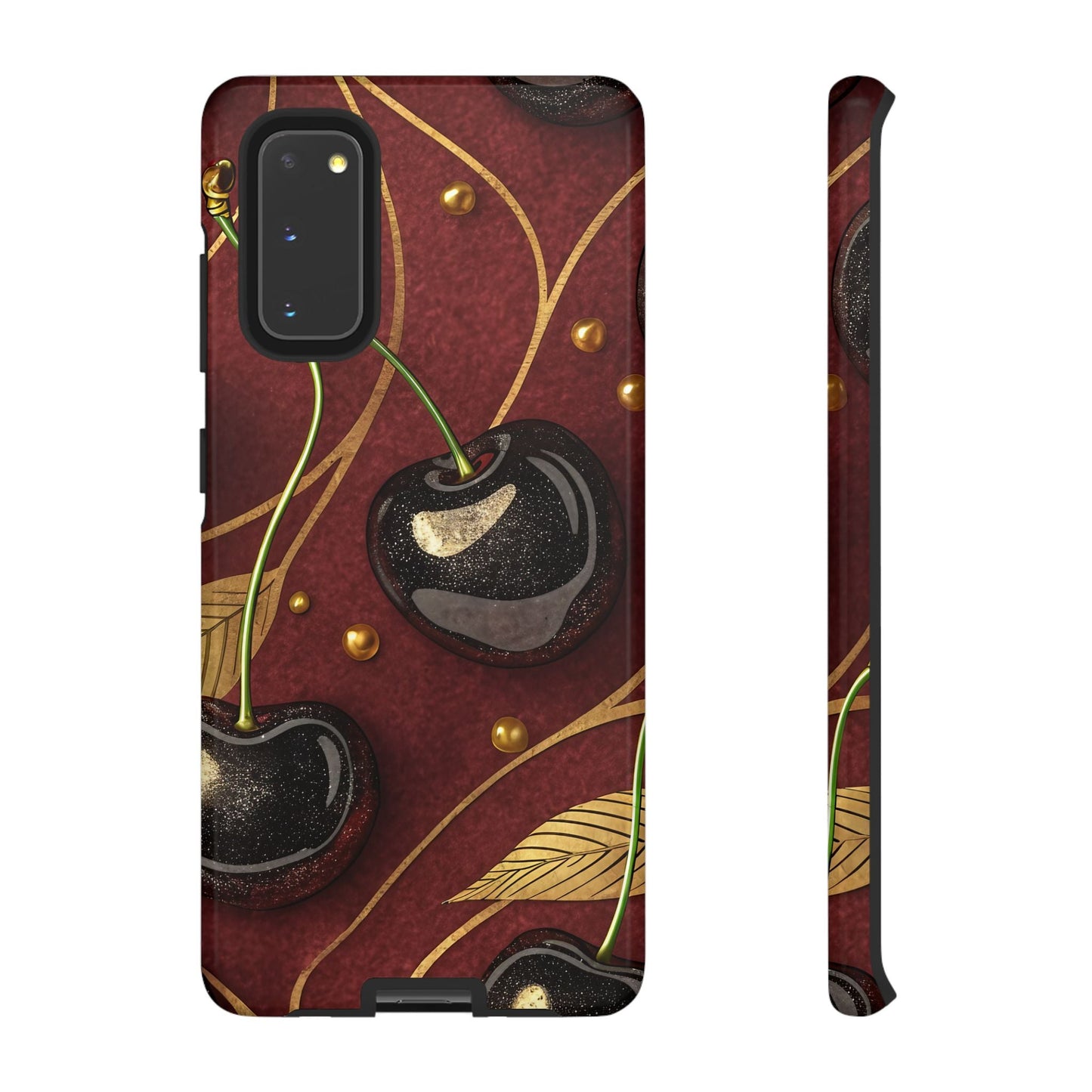 Golden Cherry Samsung Tough Case with black cherries and gold accents on burgundy background for Samsung Galaxy phone protection
