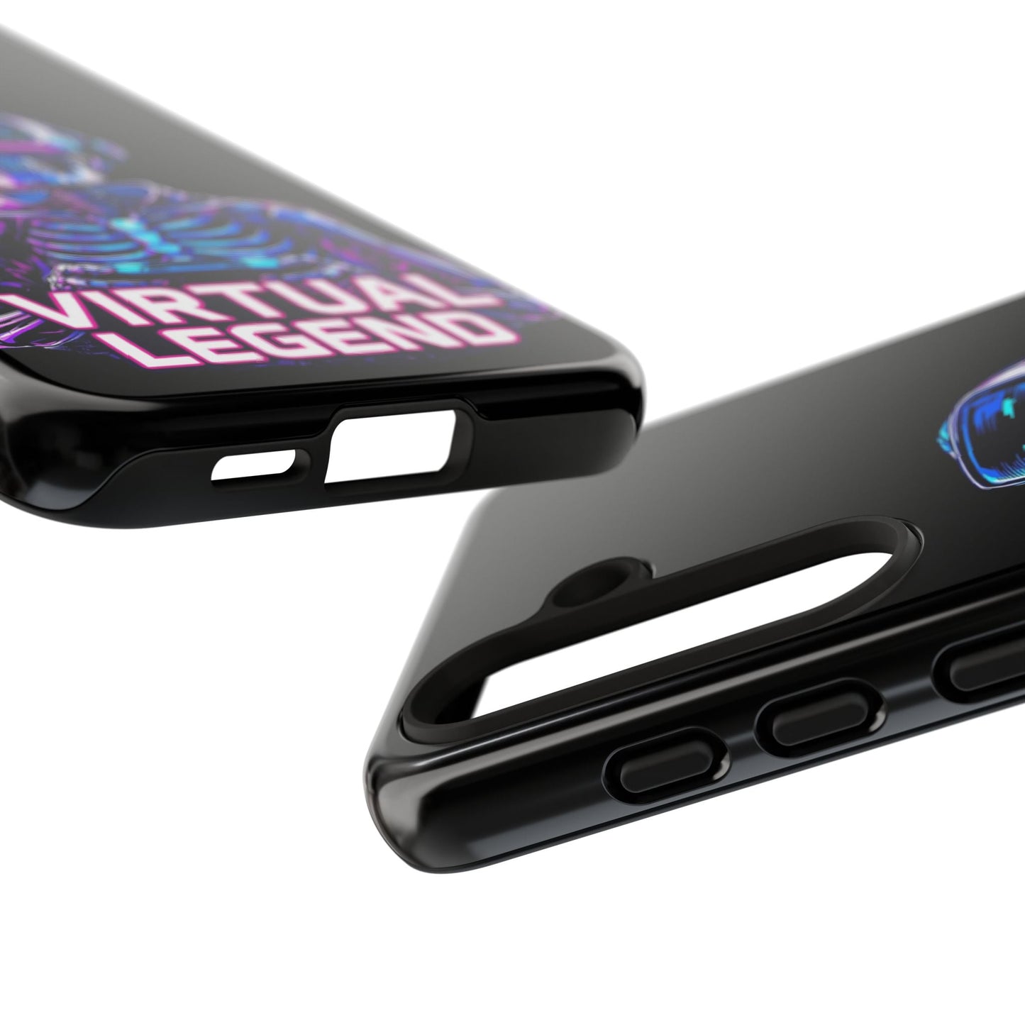 Close-up of black Virtual Legend Gamer Tough Case for Samsung phones with 3D design and bold text.
