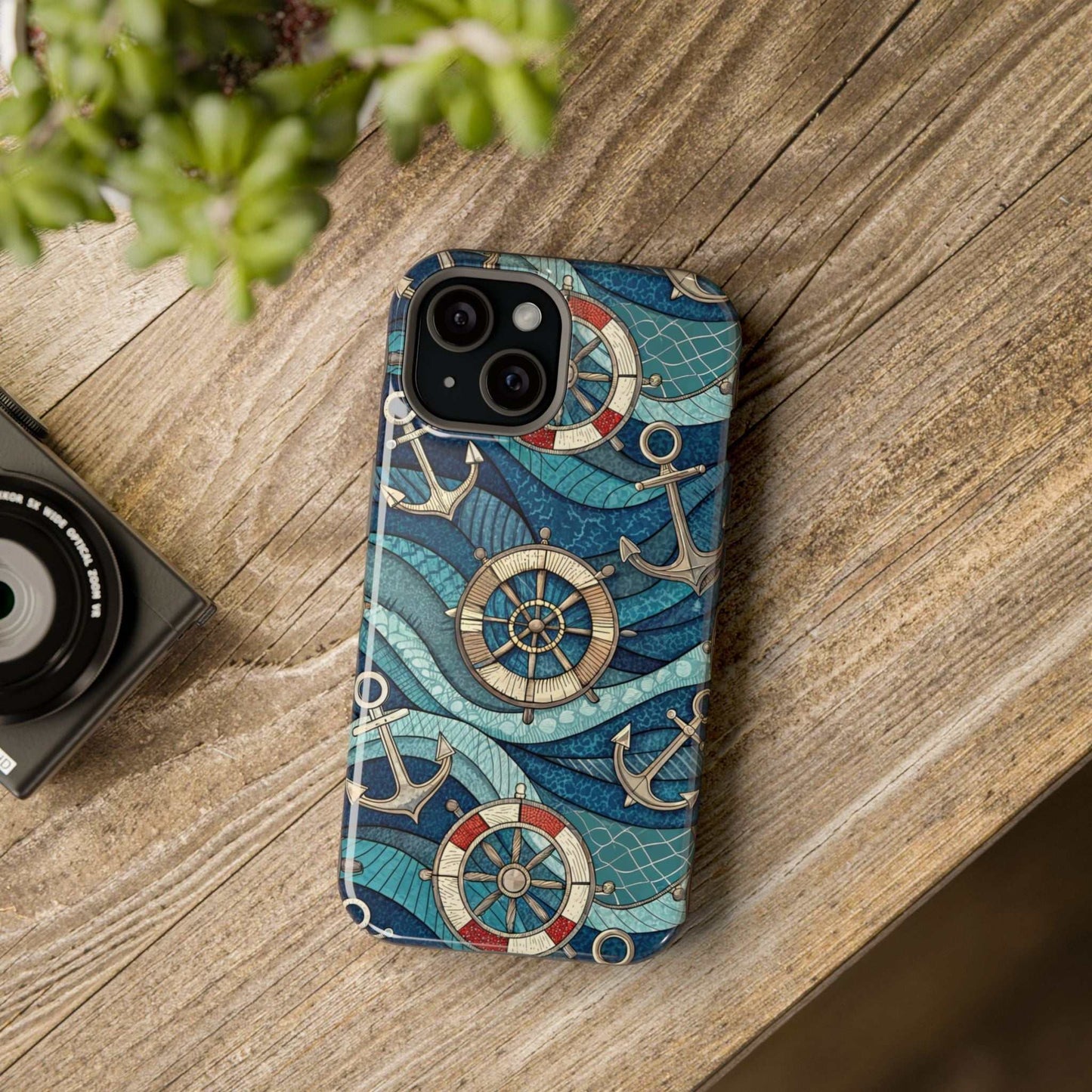 Nautical Theme iPhone case with anchors and ship wheels design on wooden surface