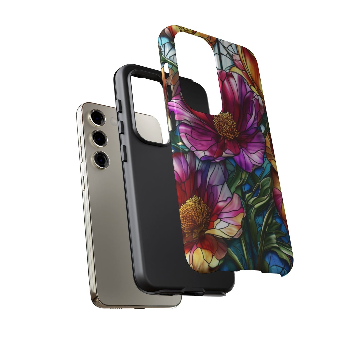 Samsung phone case with vibrant purple flower design, durable impact-resistant protection, and UV coating