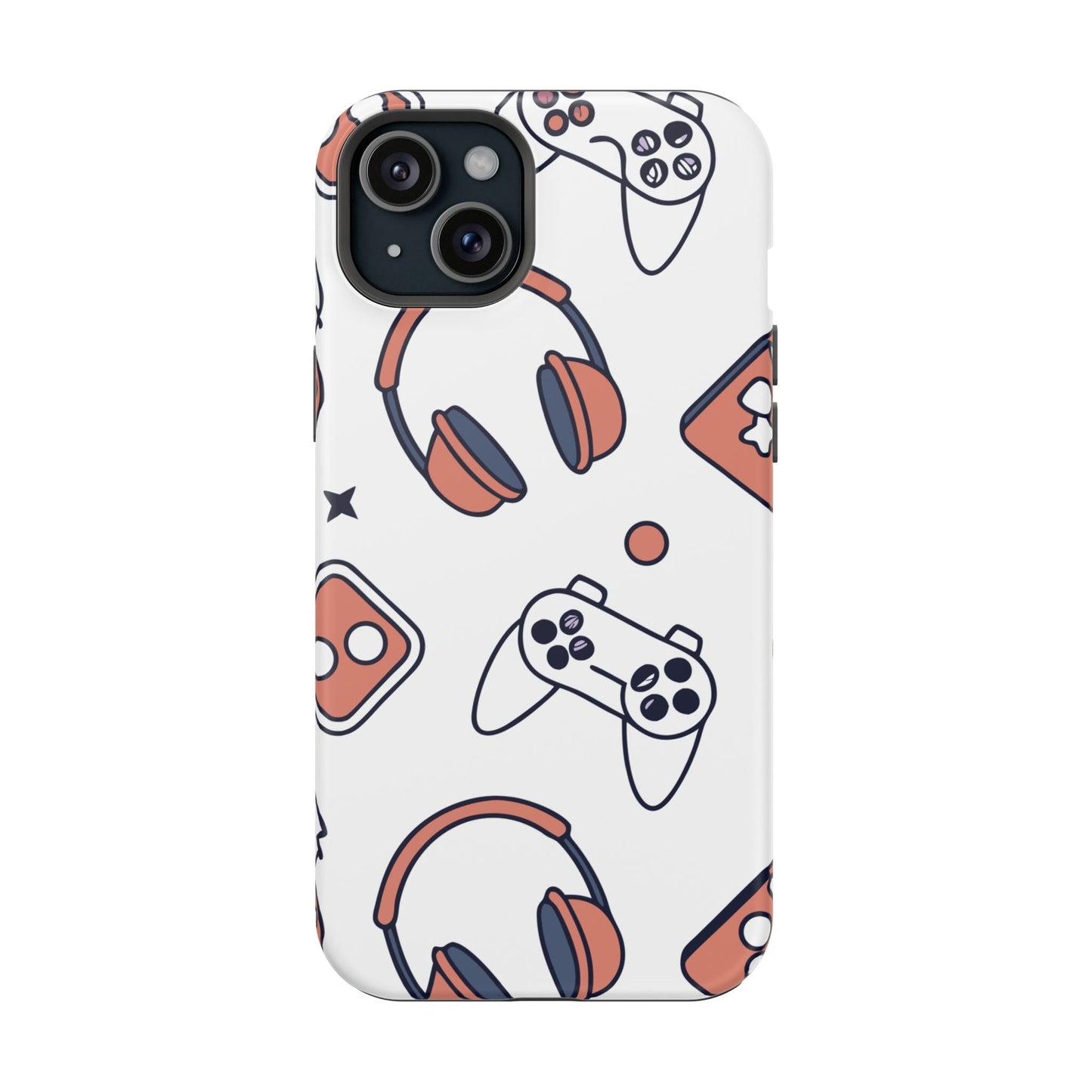 Gamer iPhone tough case with gaming controllers and headphones design, durable protective polycarbonate and TPU material, MagSafe compatible.