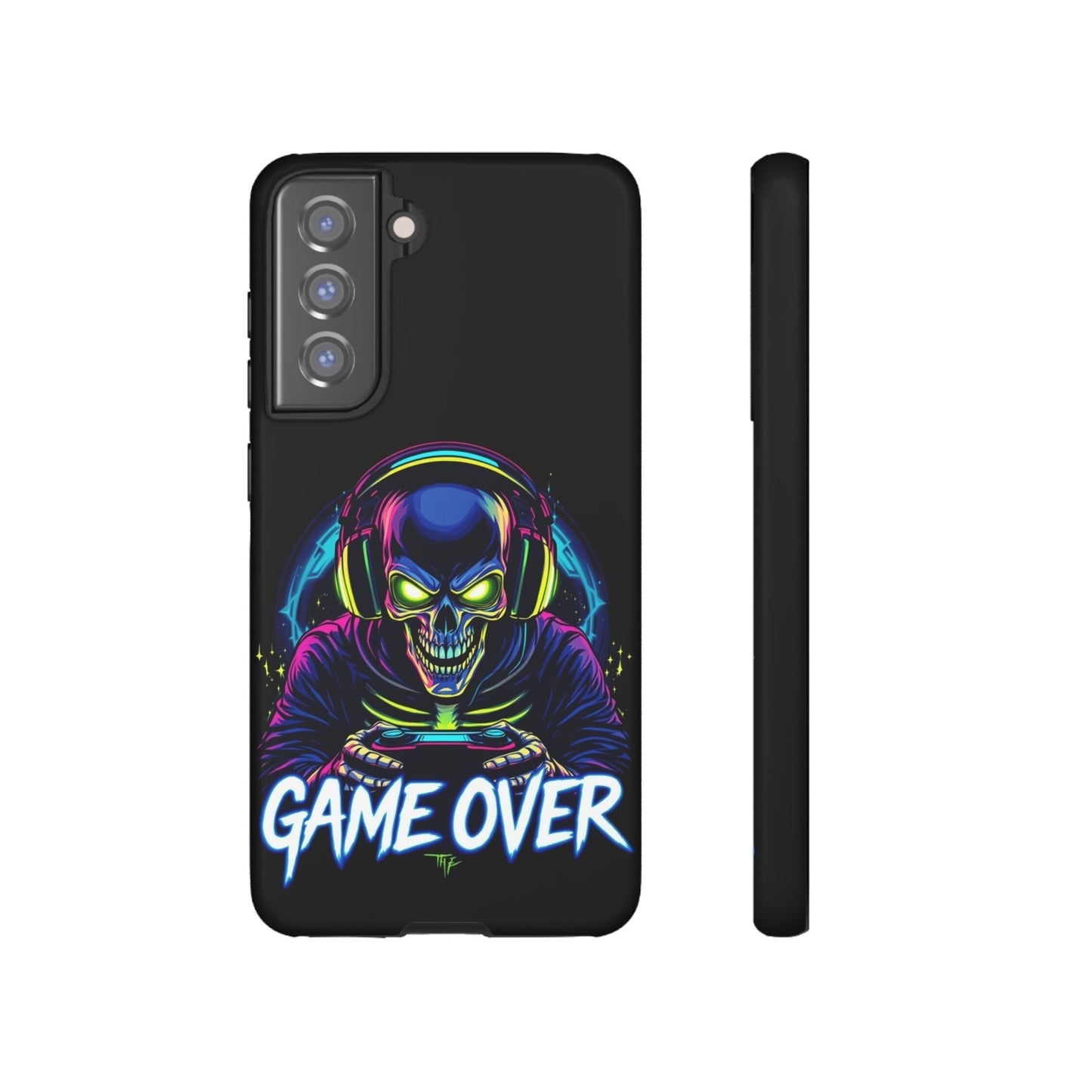 Game Over Design Samsung tough case with impact-resistant material featuring colorful gamer skull graphic and bold "Game Over" text for Samsung Galaxy phones.
