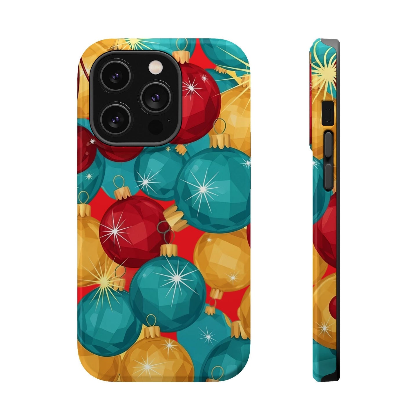 iPhone case with colorful Christmas Tree Sparkle Bulbs design in red, teal, and gold, featuring glossy finish and MagSafe compatibility