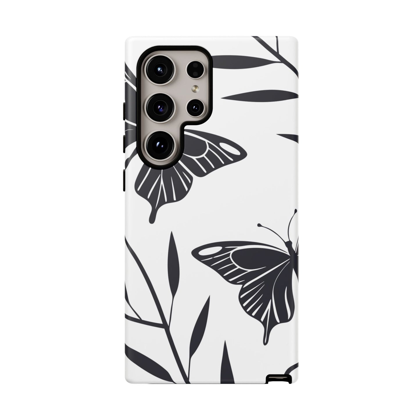Samsung phone case with minimalist black and white butterfly design and leaf patterns