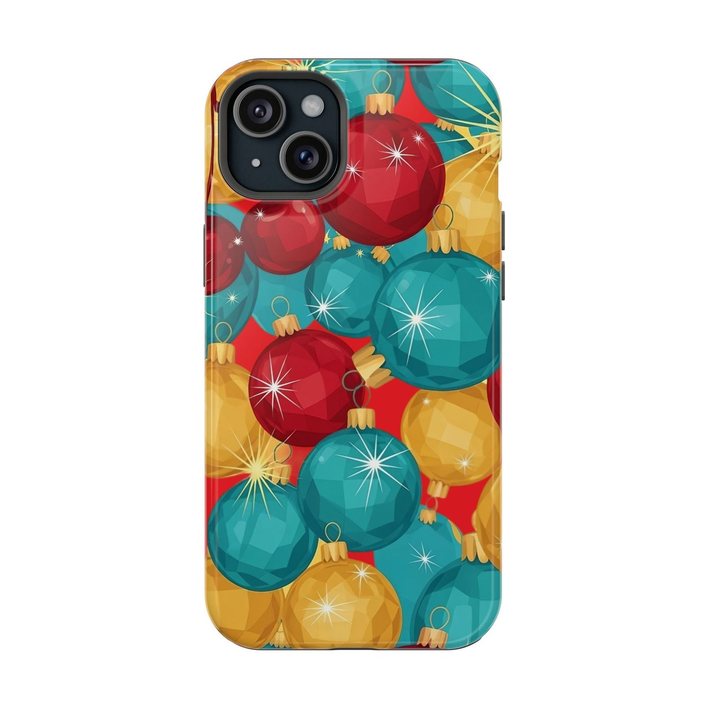 iPhone case with colorful Christmas Tree Sparkle Bulbs design in red, teal, and gold, durable and MagSafe compatible