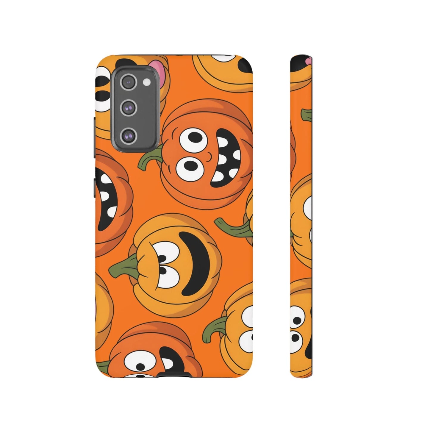 Samsung Tough Case with moody pumpkin faces design for Halloween, durable shock-absorbent protection for Samsung Galaxy phones.
