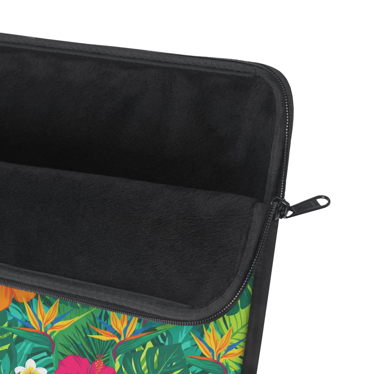 Laptop sleeve with black plush interior and tropical floral pattern exterior.