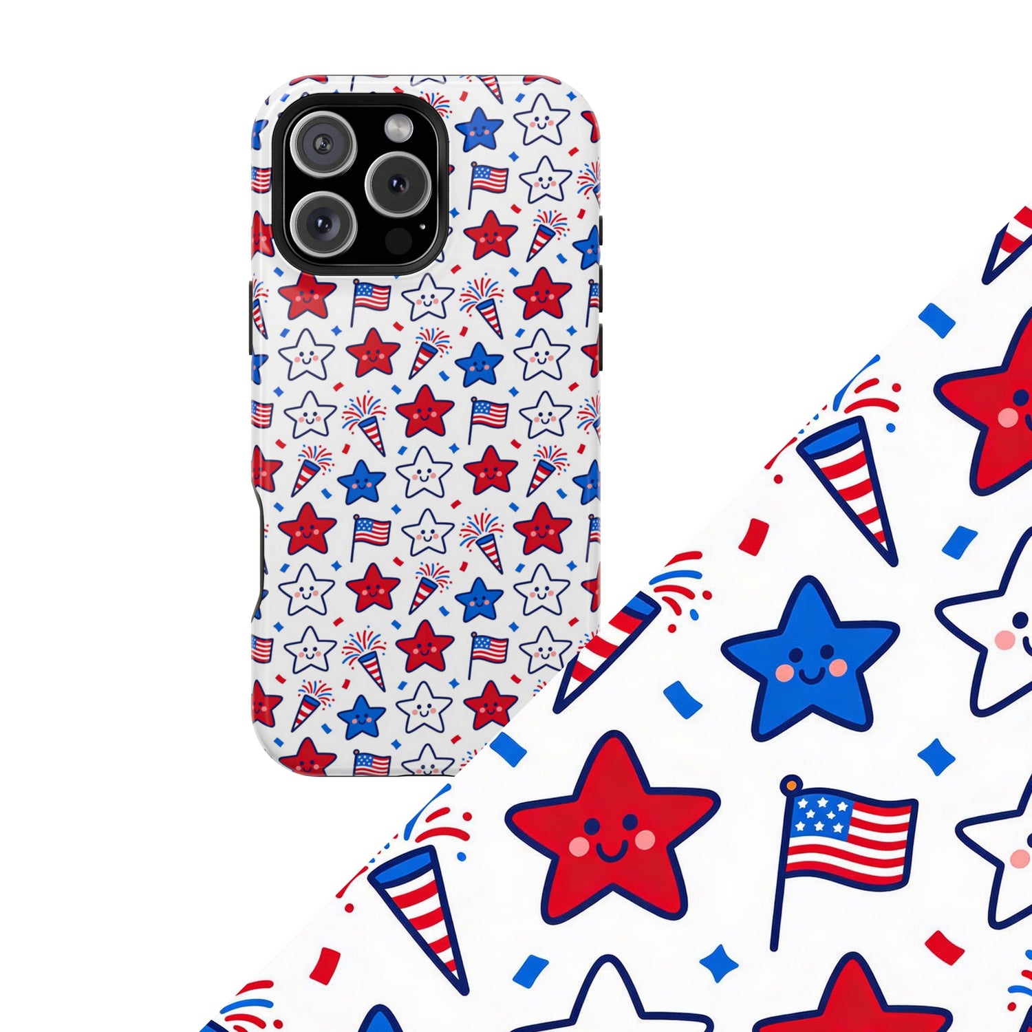 Kawaii 4th of July Celebration with pastel patriotic characters and cheerful fireworks