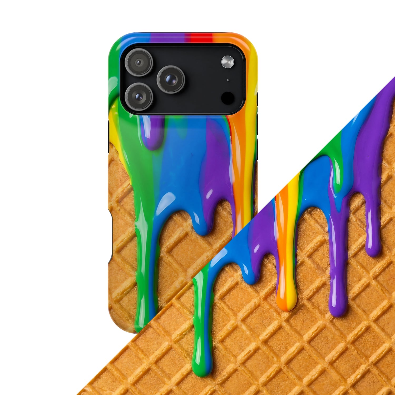 Colorful Rainbow Waffle Drip patterned phone case and accessories showcasing vibrant rainbow hues and waffle-inspired drip design