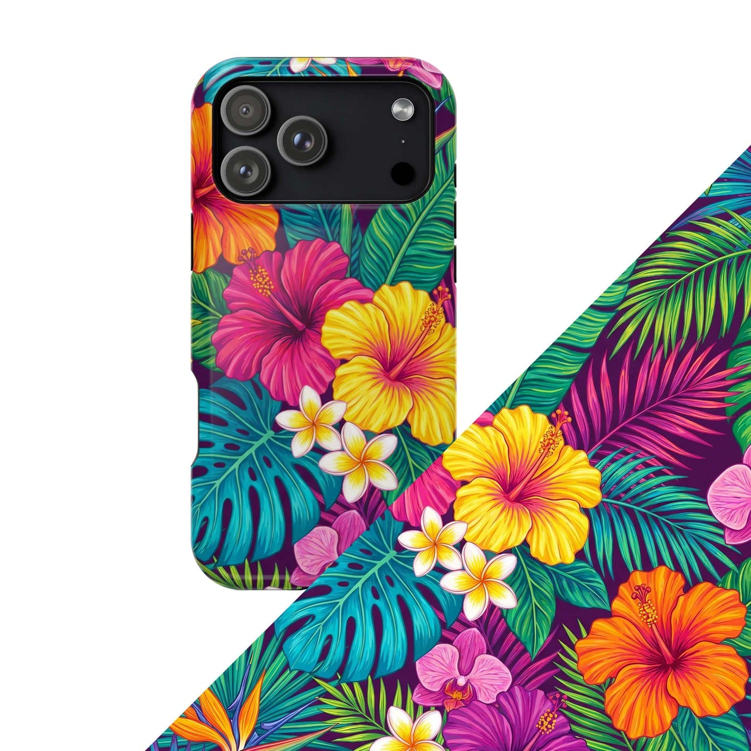 Bright and colorful vibrant tropical flowers with exotic blooms and lush green leaves