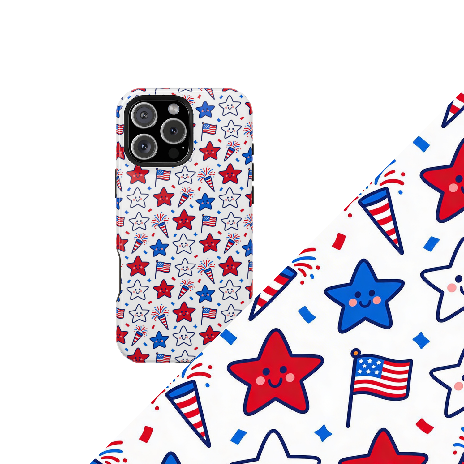 Kawaii 4th of July Celebration with pastel patriotic characters and cheerful fireworks
