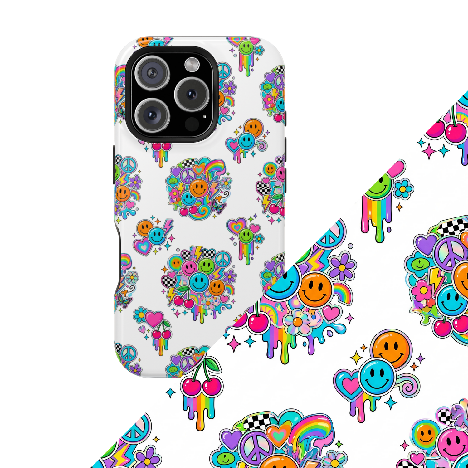 Colorful Retro Dopamine Vibes collection featuring 90s-inspired smiley faces, rainbows, and bold pop-art designs