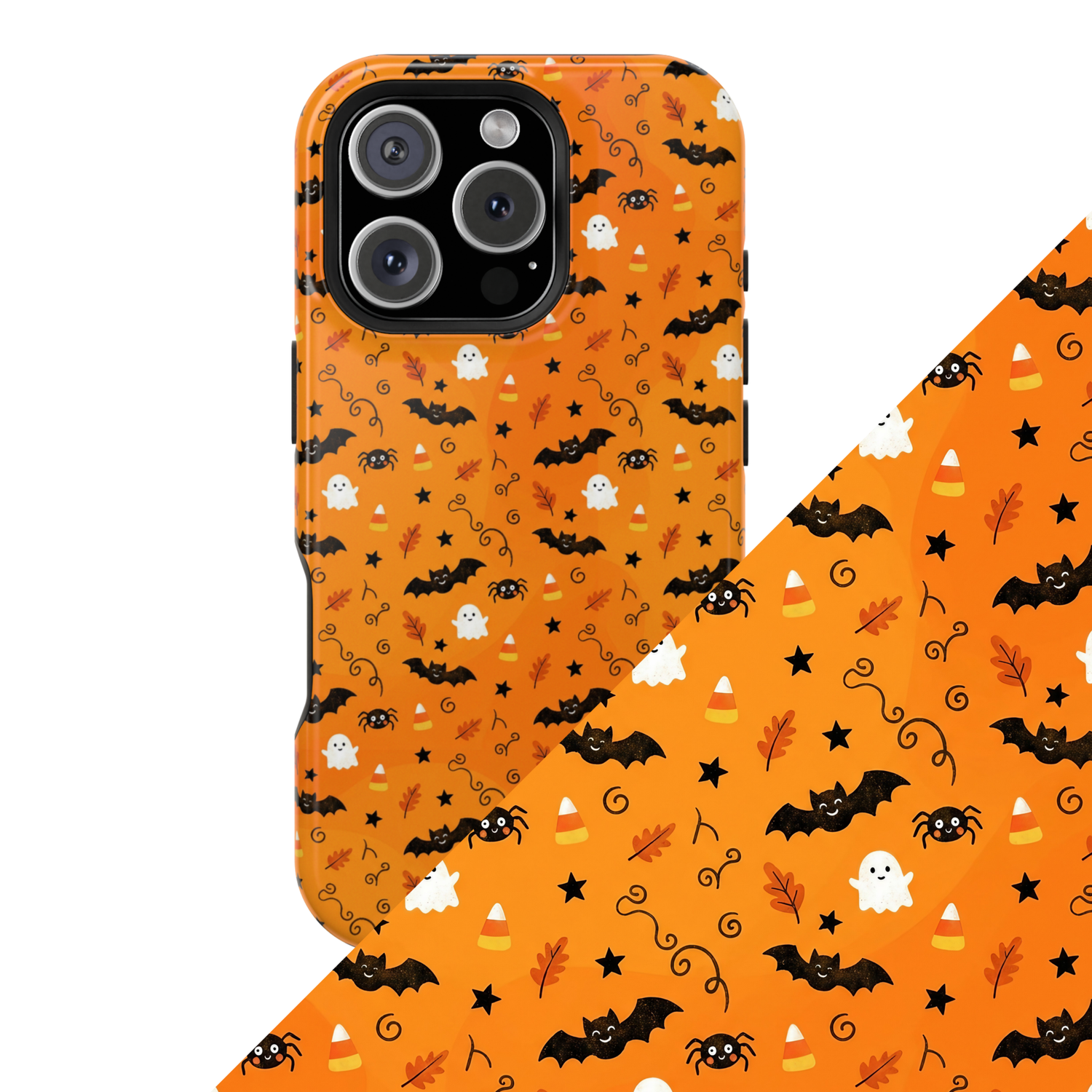 Halloween-inspired collection with smiling ghosts, bats, candy corn, spiders, and autumn leaves on pumpkin orange background