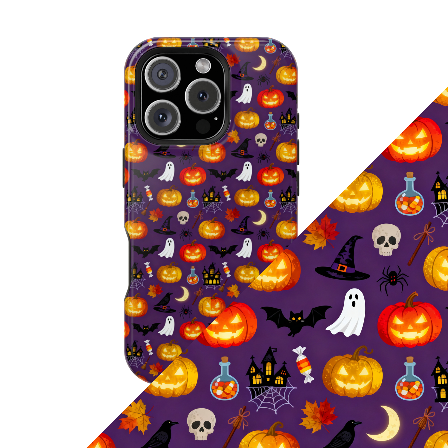 Colorful Halloween haunted harvest collection pattern with jack-o'-lanterns, ghosts, black cats, bats, witches' hats, candy, and autumn leaves on a purple background