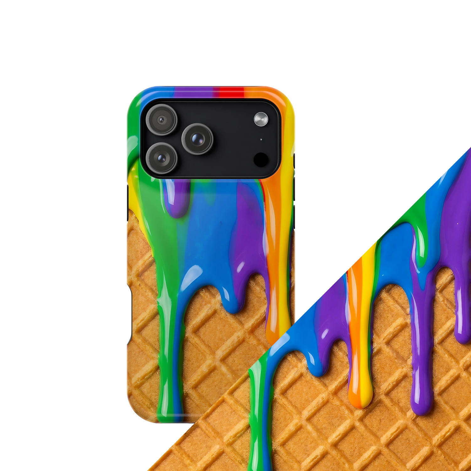 Colorful Rainbow Waffle Drip patterned phone case and accessories showcasing vibrant rainbow hues and waffle-inspired drip design