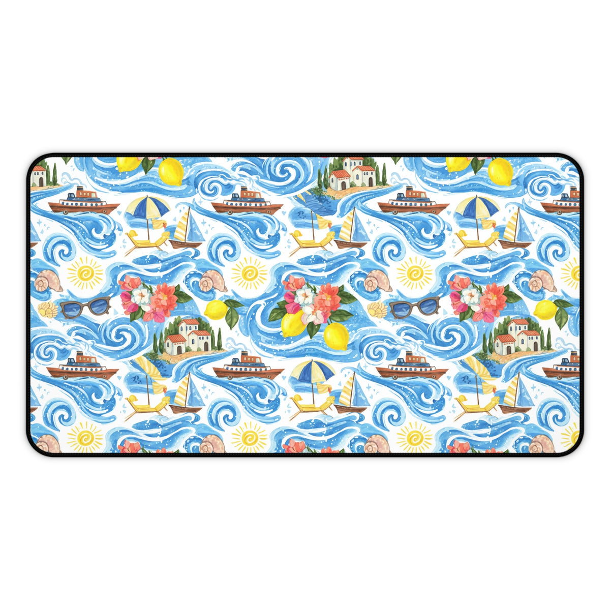 Pattern of boats, sailboats, lemons, flowers, and beach accessories on wavy blue water.
