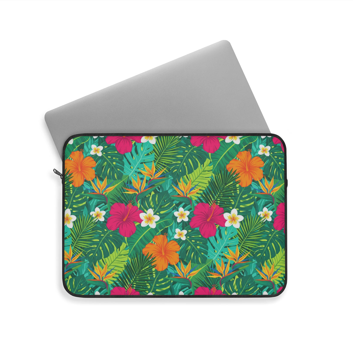 Laptop sleeve with a vibrant tropical floral and leaf pattern.