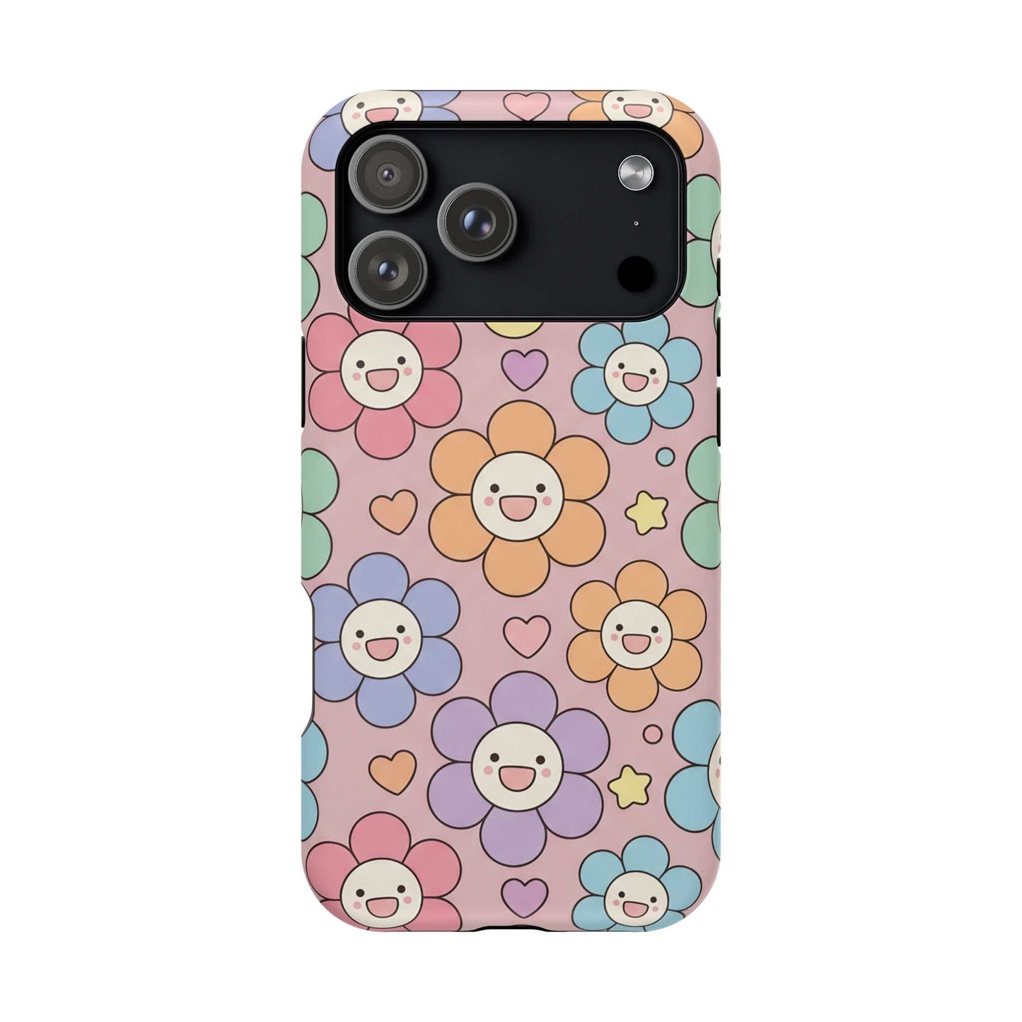 Happy Flower iPhone tough case with colorful smiling blooms and magnetic impact-resistant protective design