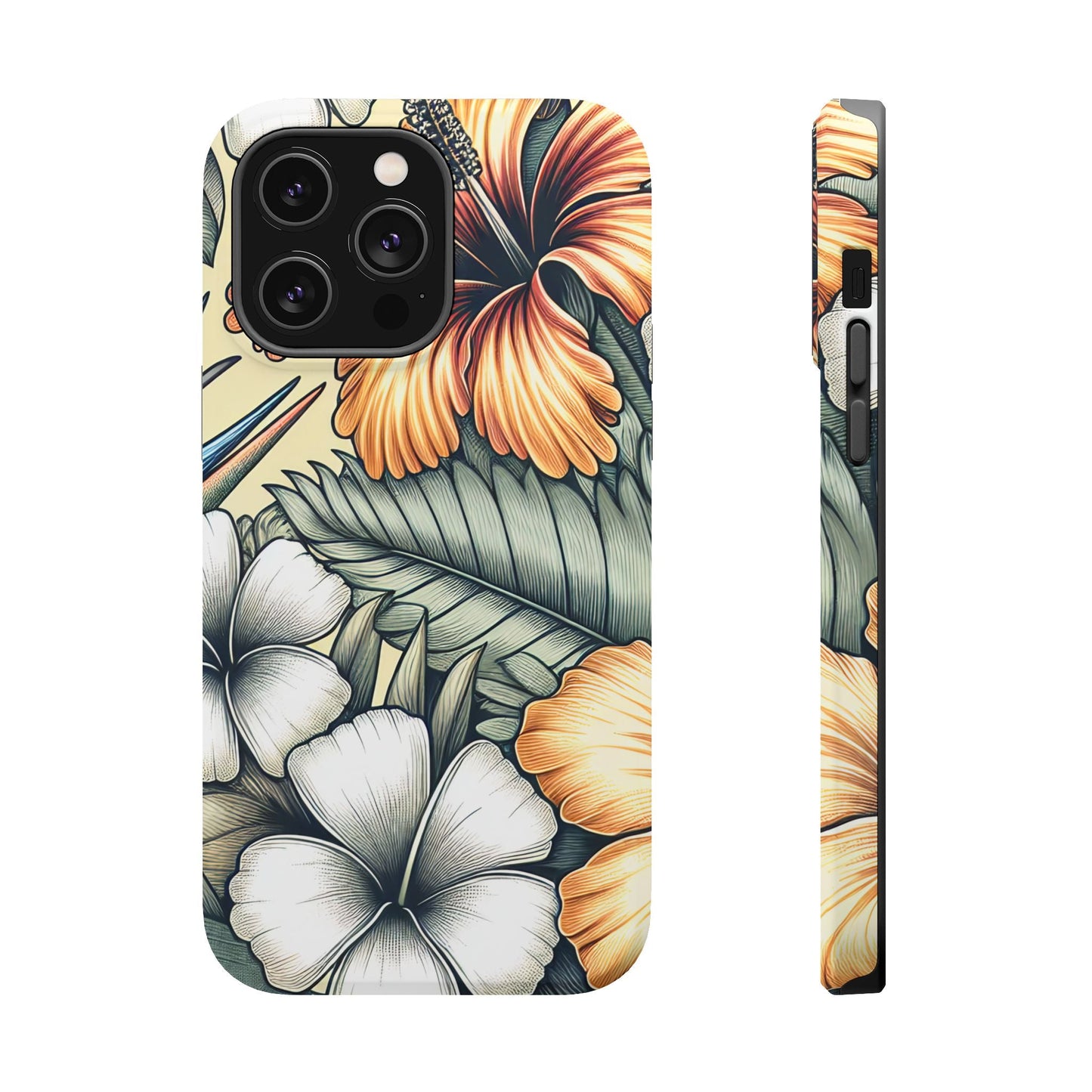 Golden Tropical Floral iPhone tough case with durable dual-layer design and MagSafe compatibility