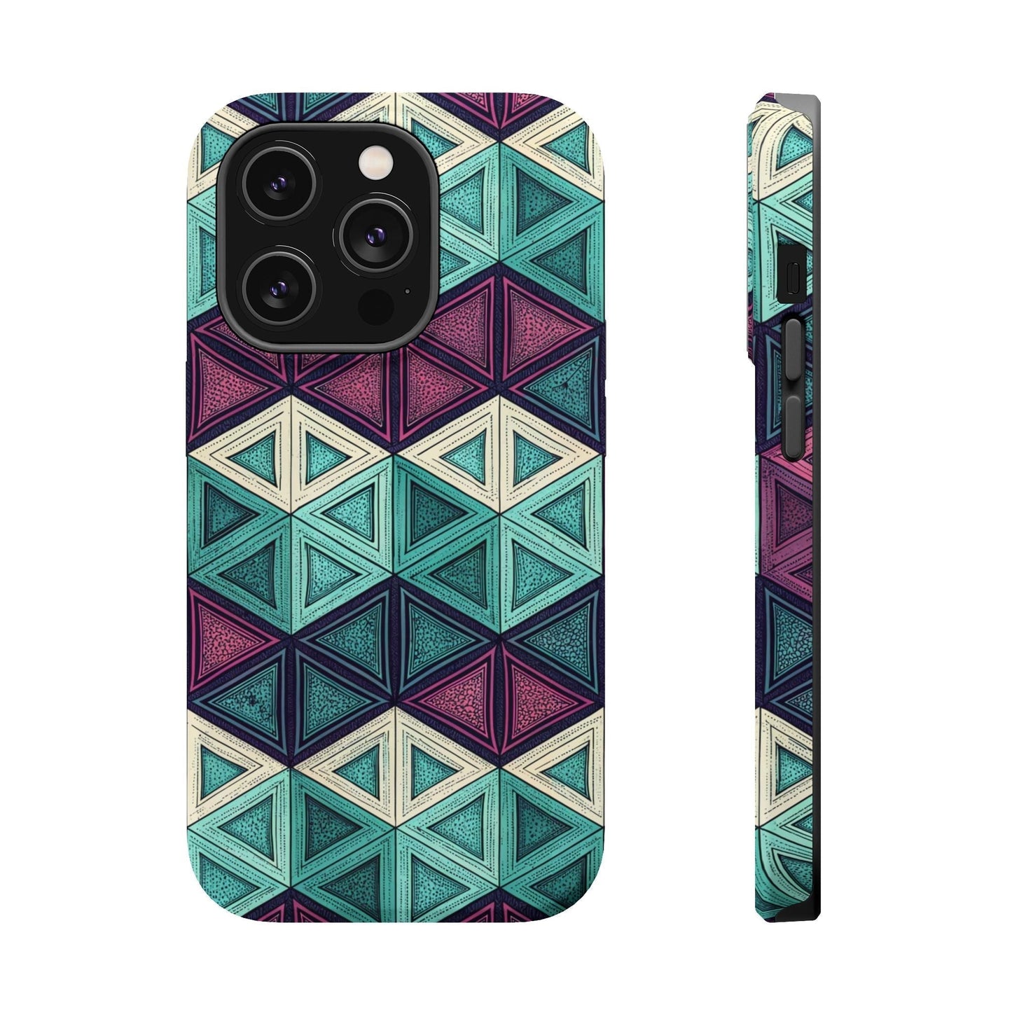 Purple and teal abstract geometric pattern iPhone tough case with MagSafe compatibility and durable dual-layer protection