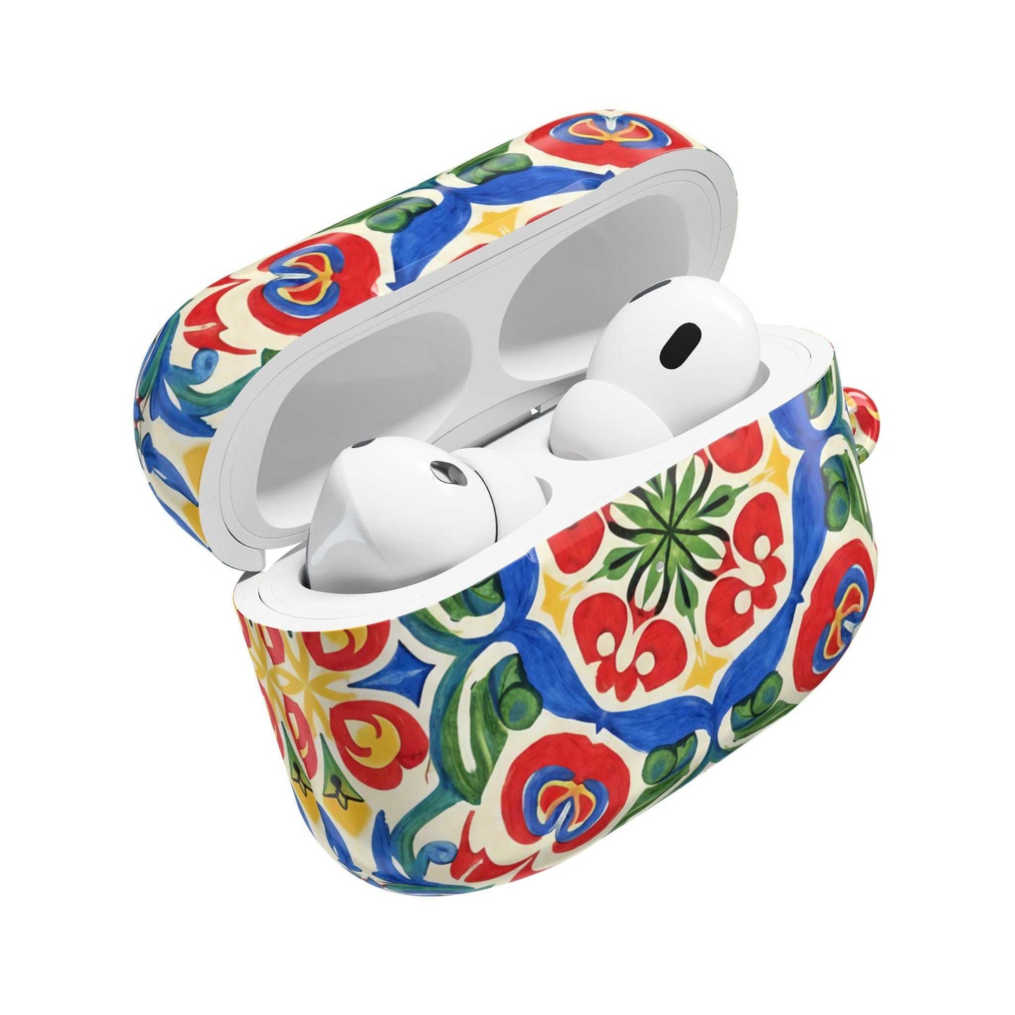 Mediterranean hand-painted folk tile design AirPods case with vibrant colors and slim glossy finish