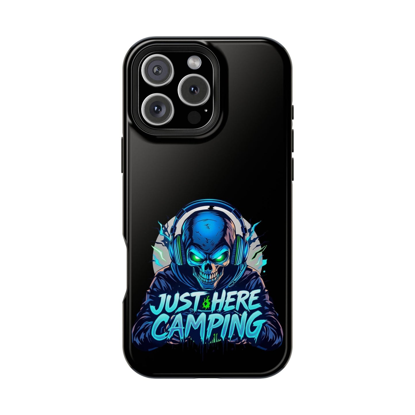 Just Here Camping Gamer iPhone tough case with vibrant skull design and MagSafe compatibility